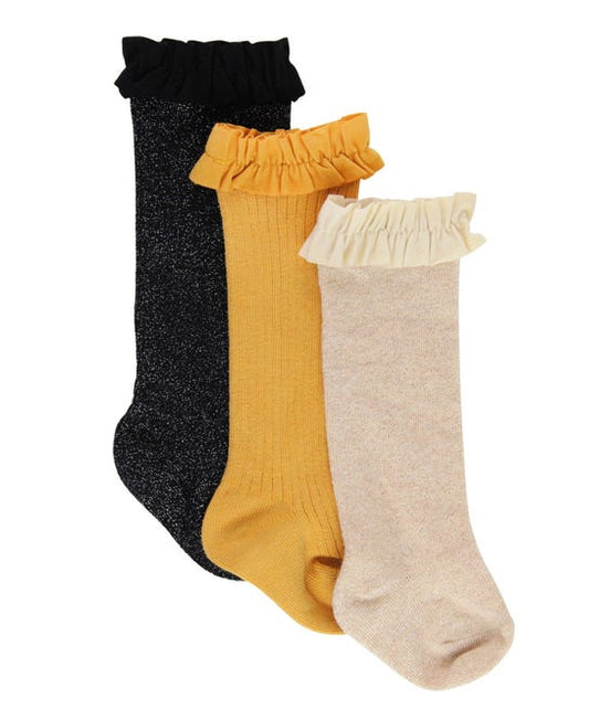 Girls Sparkle Oatmeal, Honey, Black 3-pack Knee High Socks