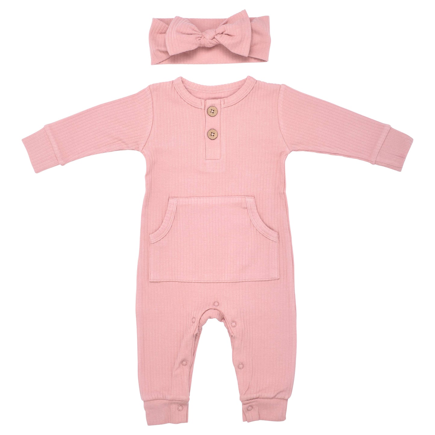 Baby Ribbed Playsuit with Pockets / Dusty Rose