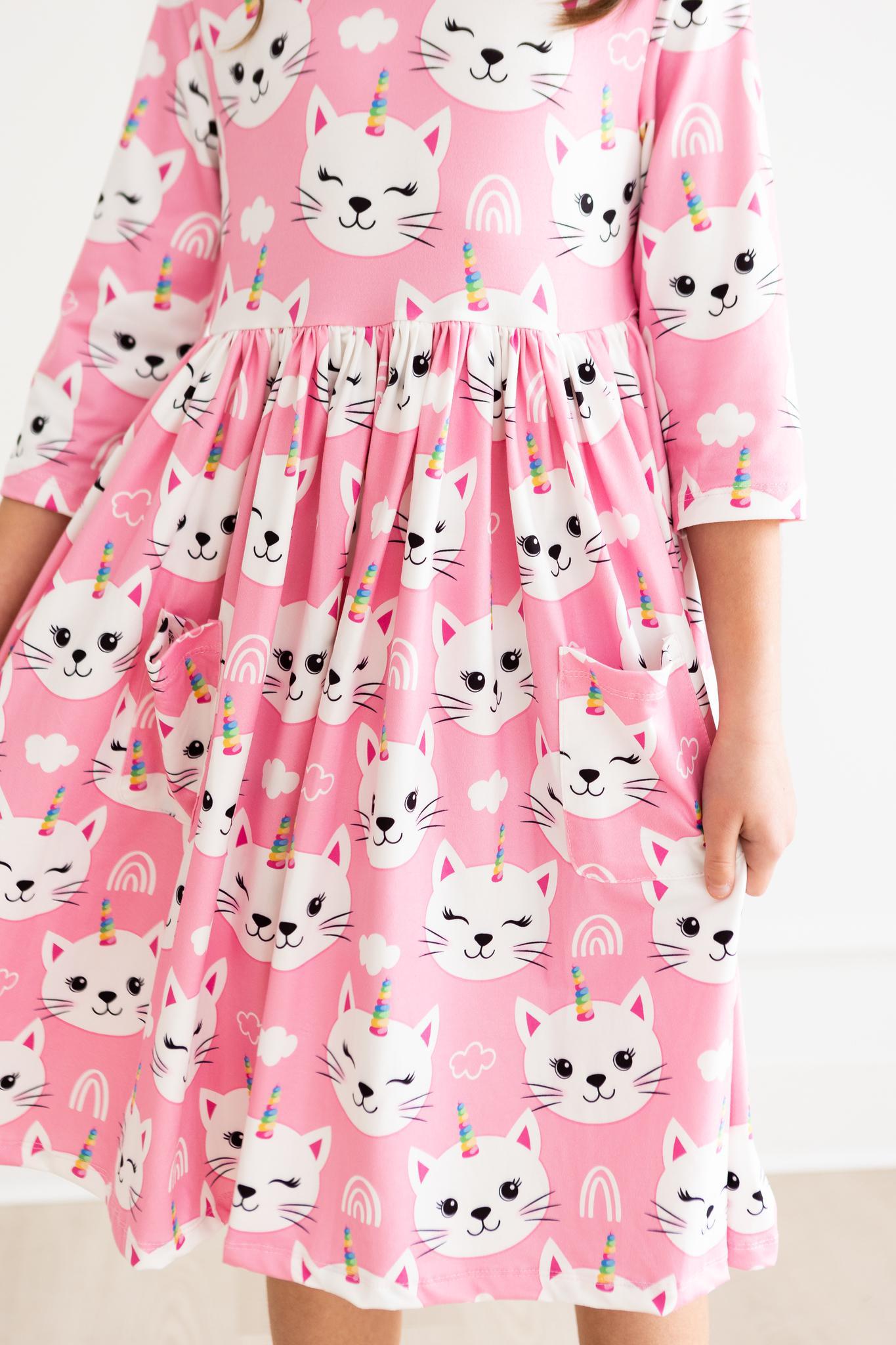 Unicorn Kitties 3/4 Sleeve Pocket Twirl Dress