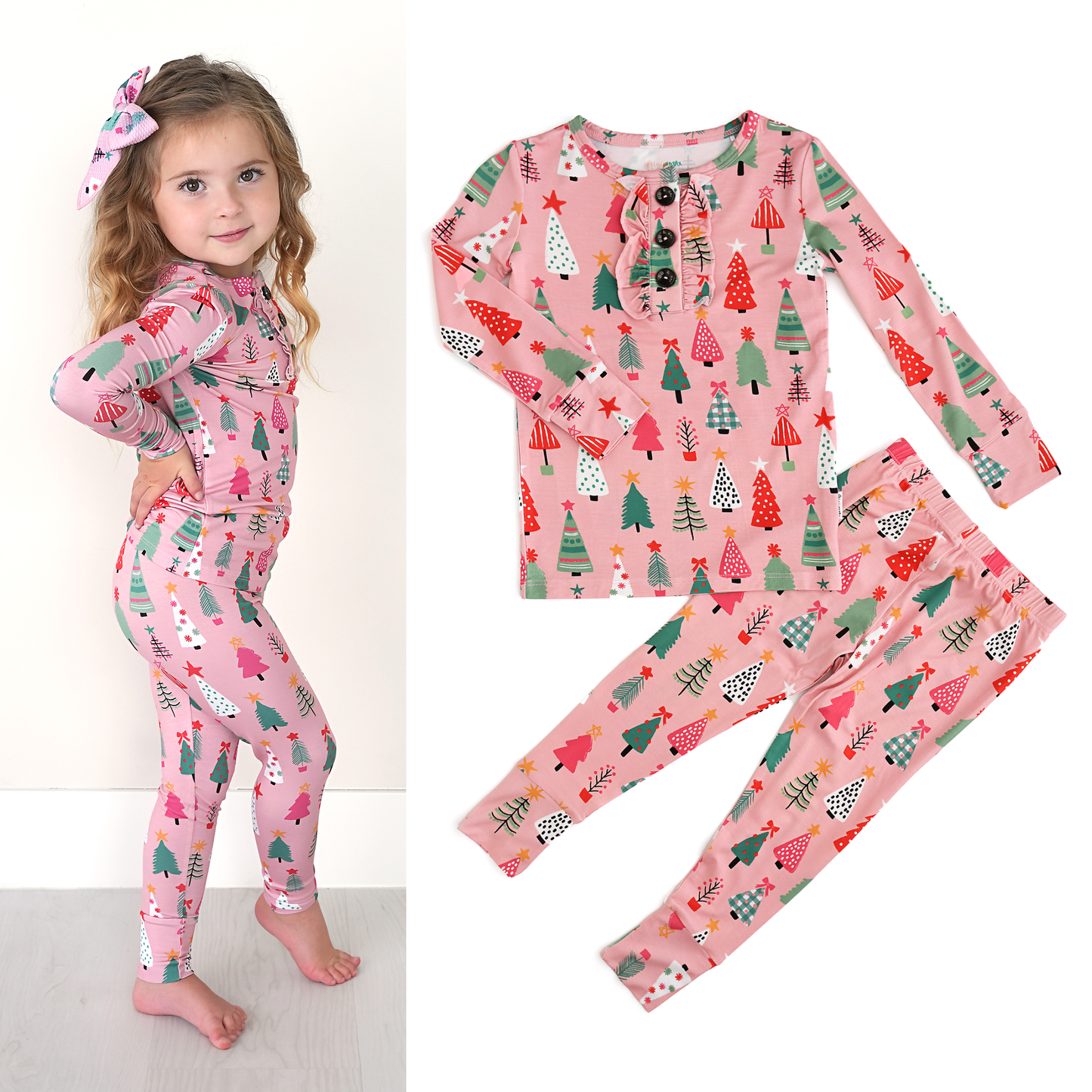 Noelle Pink Trees Ruffle Christmas Pajamas