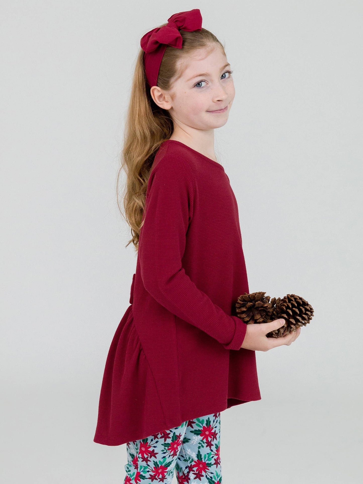 Dark Cherry Waffle Knit Long Sleeve Bow Back Top