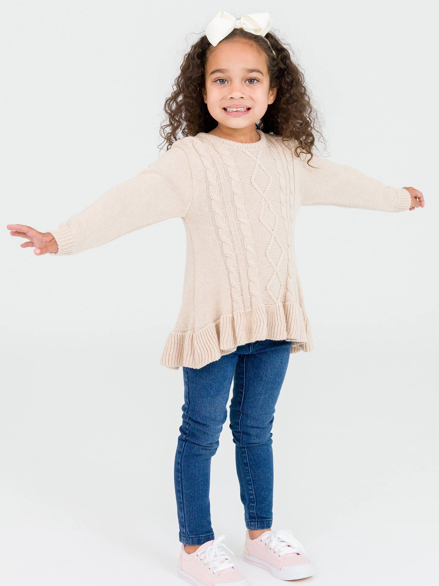 Girls Heather Oatmeal Ruffle Hem Cable Knit Sweater