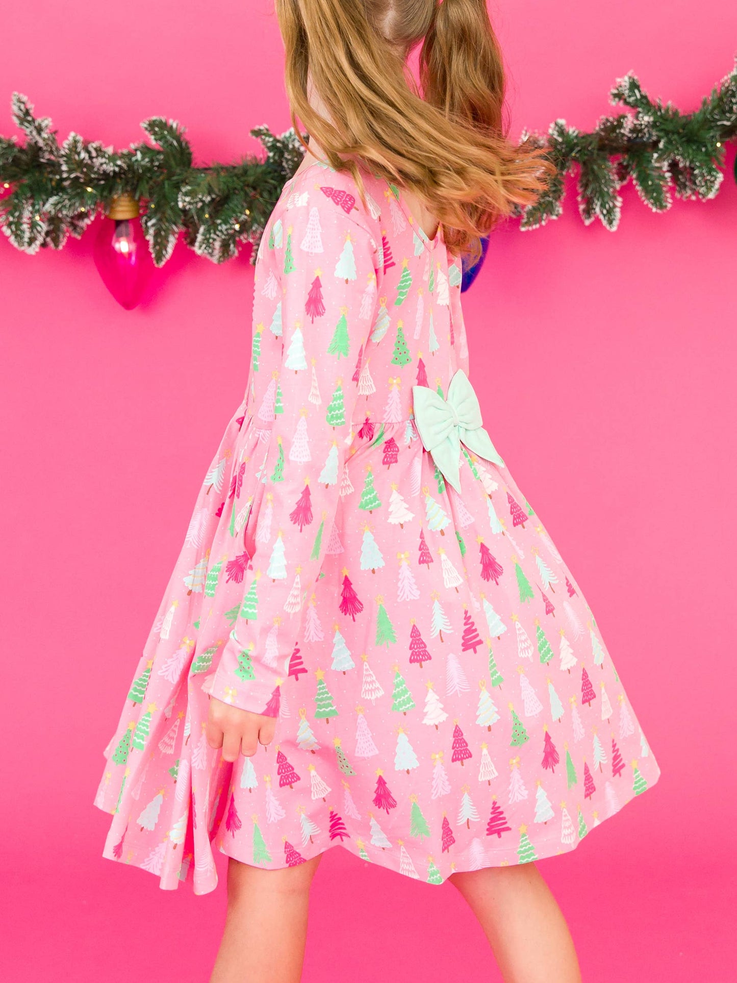 Girls Merry Pink Pines Long Sleeve Twirl Dress