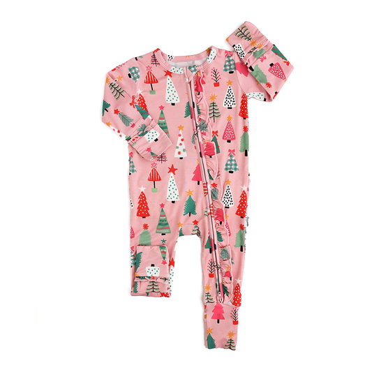 Noelle Pink Trees Christmas Ruffle Zip Romper