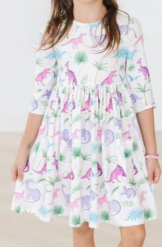 Dino Darling 3/4 Sleeve Pocket Twirl Dress