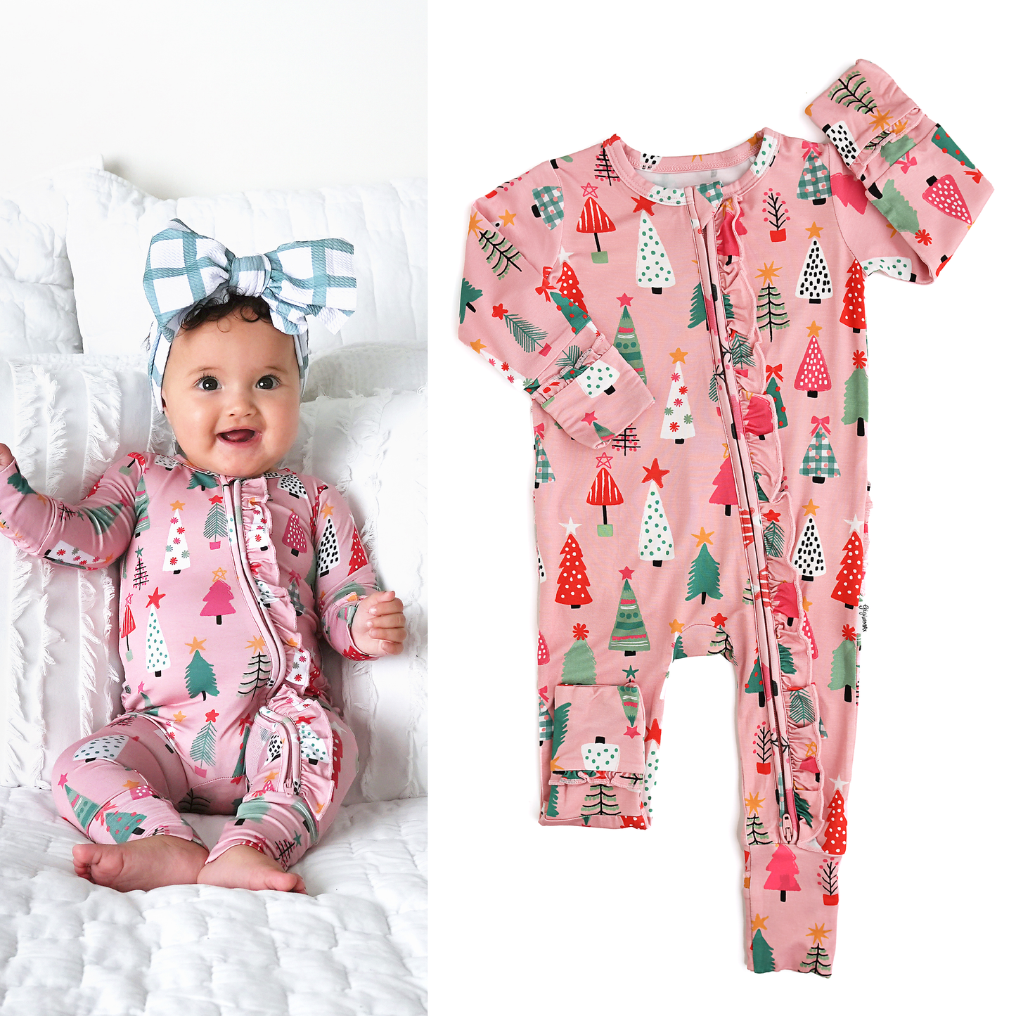 Noelle Pink Trees Christmas Ruffle Zip Romper