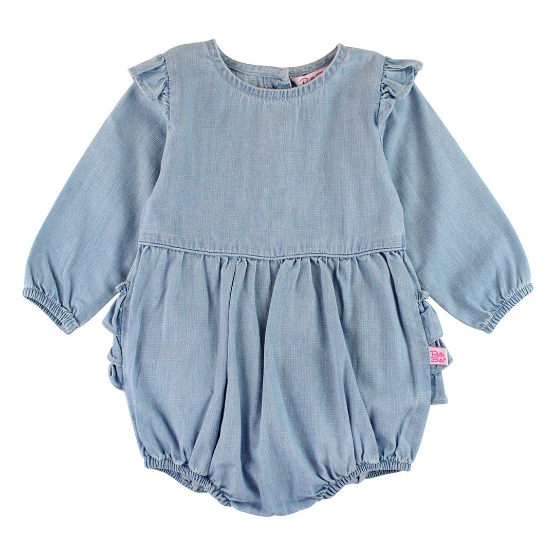 Light Wash Denim Long Sleeve Flutter Bubble Romper