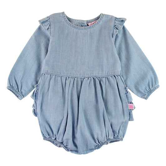 Light Wash Denim Long Sleeve Flutter Bubble Romper