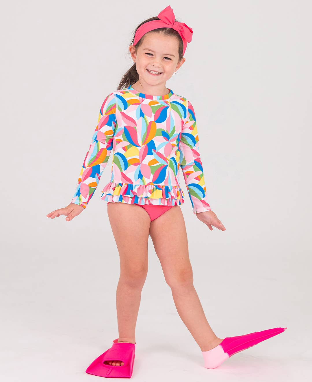 Tropical Adventure Long Sleeve Ruffle Hem Rash Guard 2-Piece