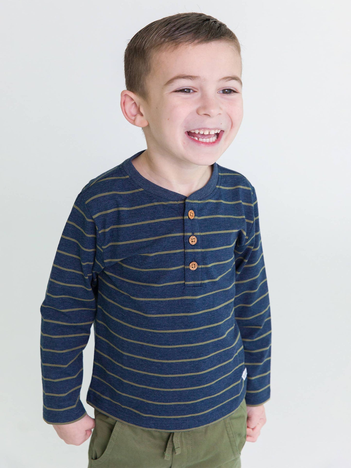 Boys Dusty Olive Stripe Knit Henley Tee