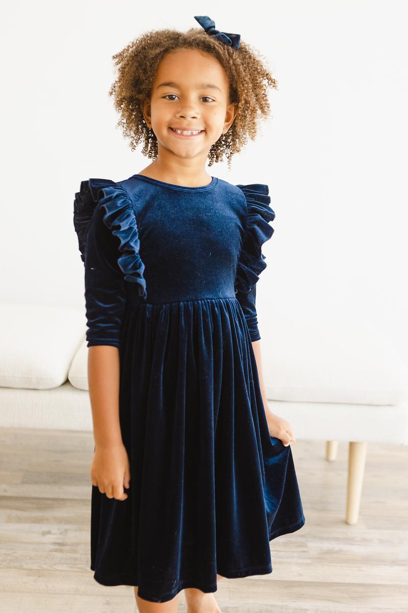 Navy Velvet Ruffle Twirl Dress