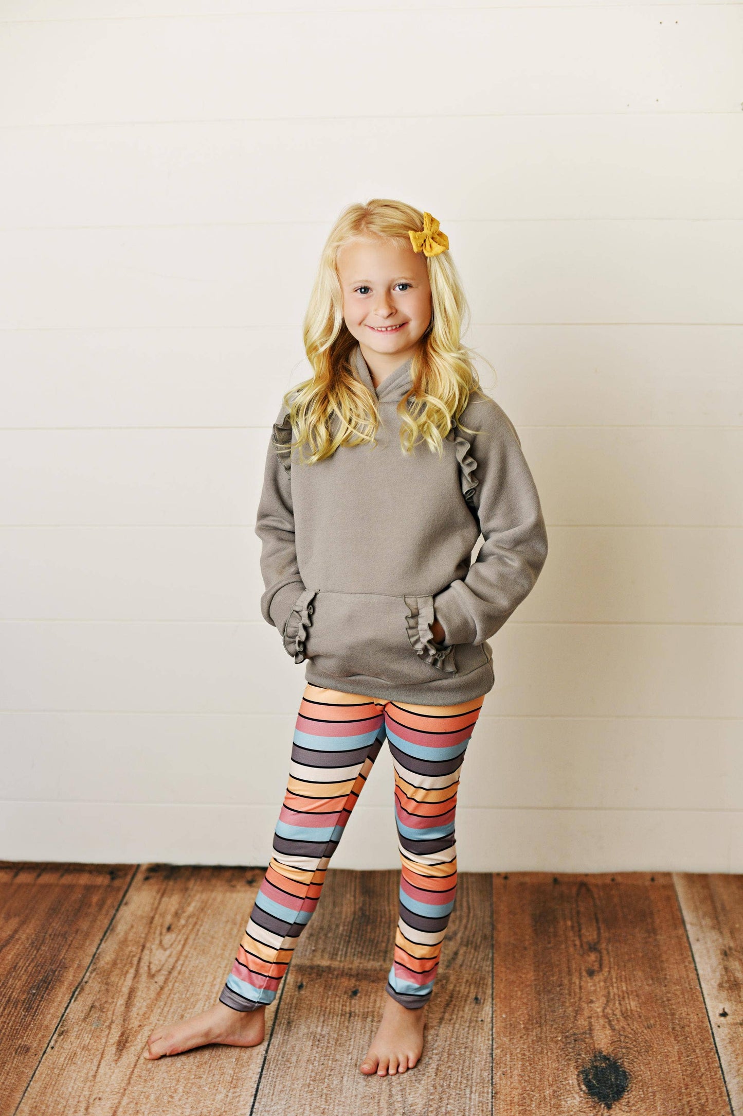 Gray Ruffle Hoodie and Rainbow Leggings Fall Set