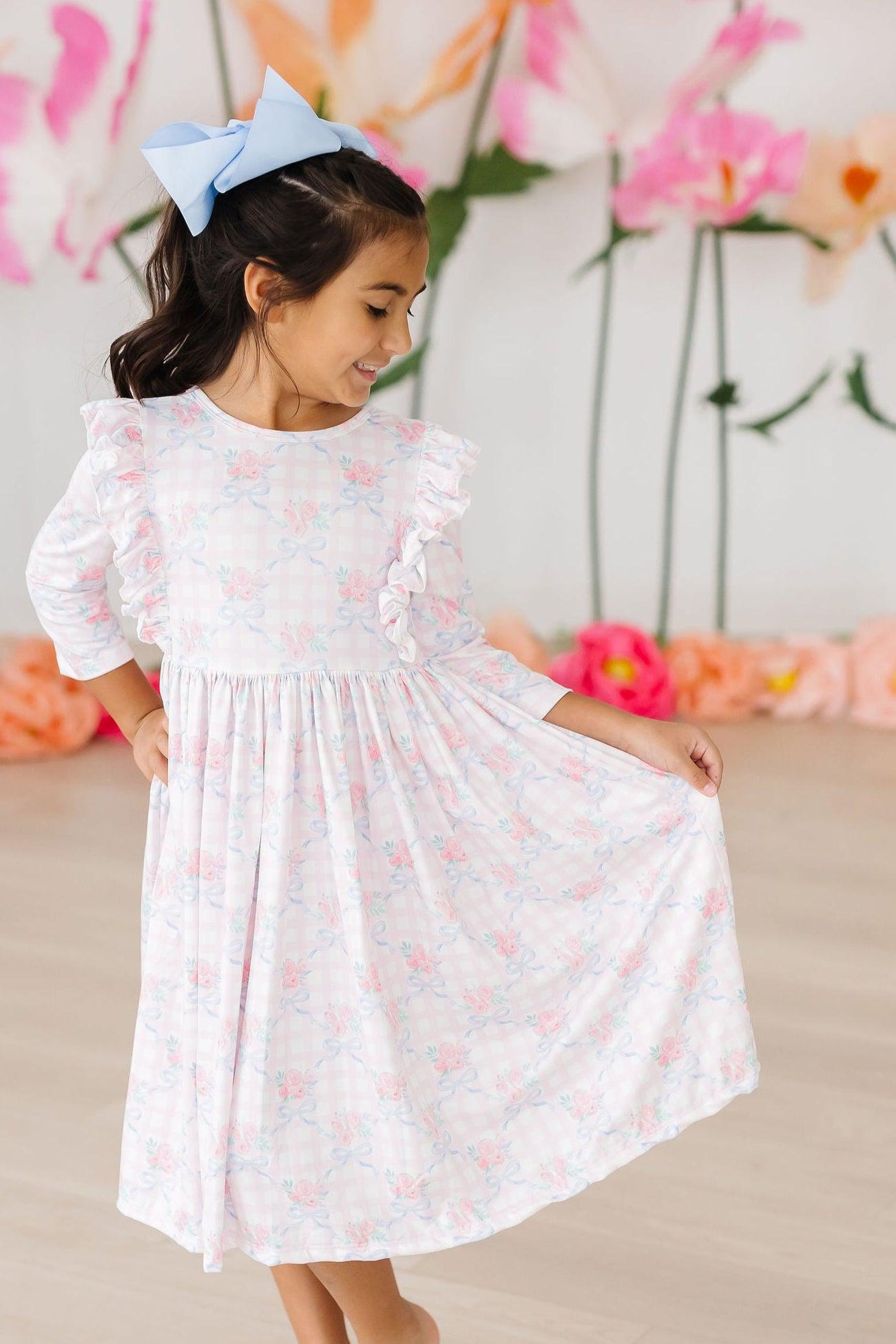 Ribbons & Roses 3/4 Sleeve Ruffle Twirl Dress