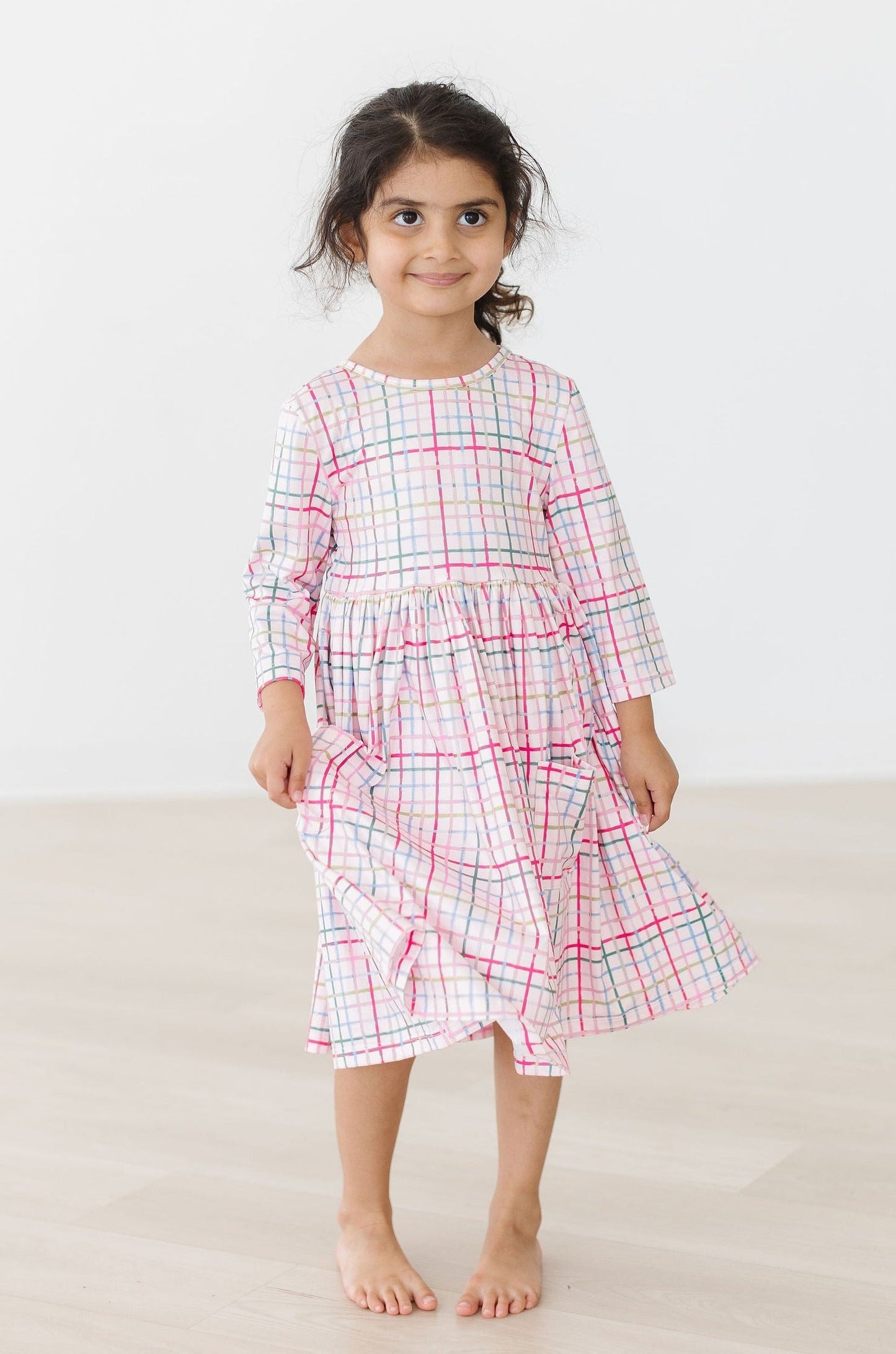 Pink Plaid 3/4 Sleeve Pocket Twirl Dress