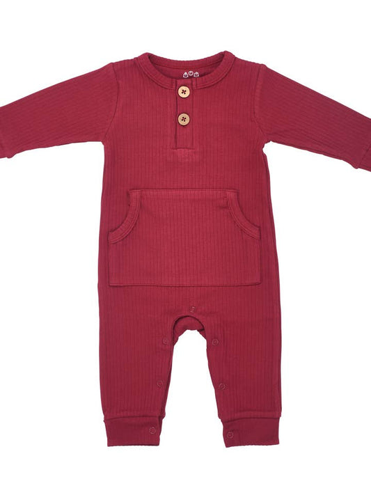 Baby Ribbed Playsuit with Pockets / Ruby Red