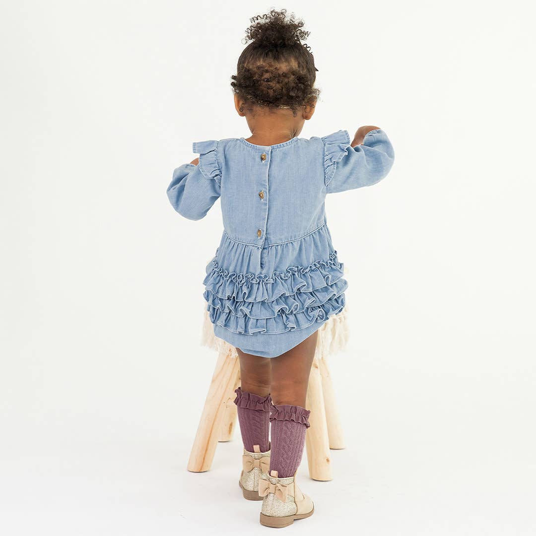 Light Wash Denim Long Sleeve Flutter Bubble Romper