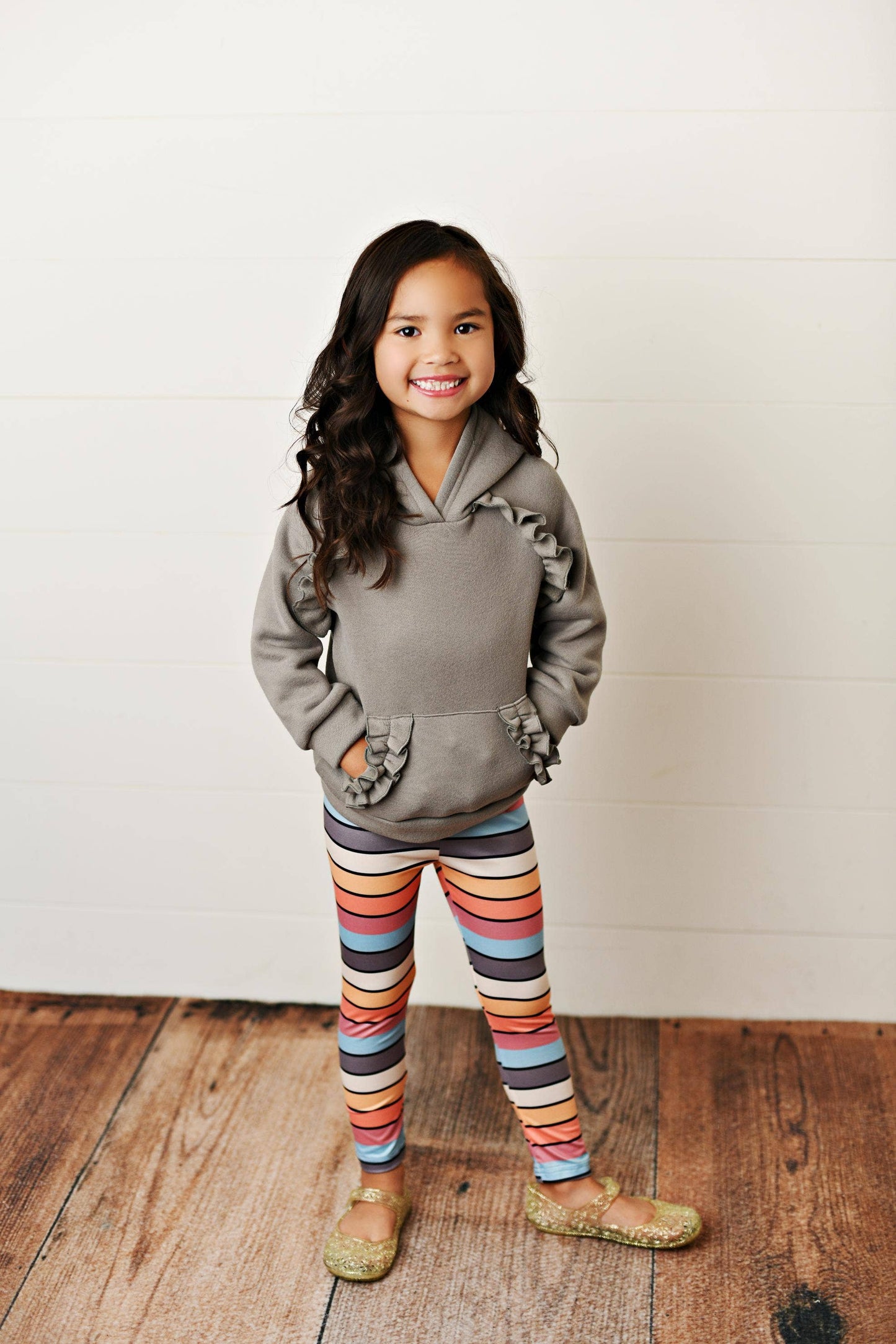 Gray Ruffle Hoodie and Rainbow Leggings Fall Set