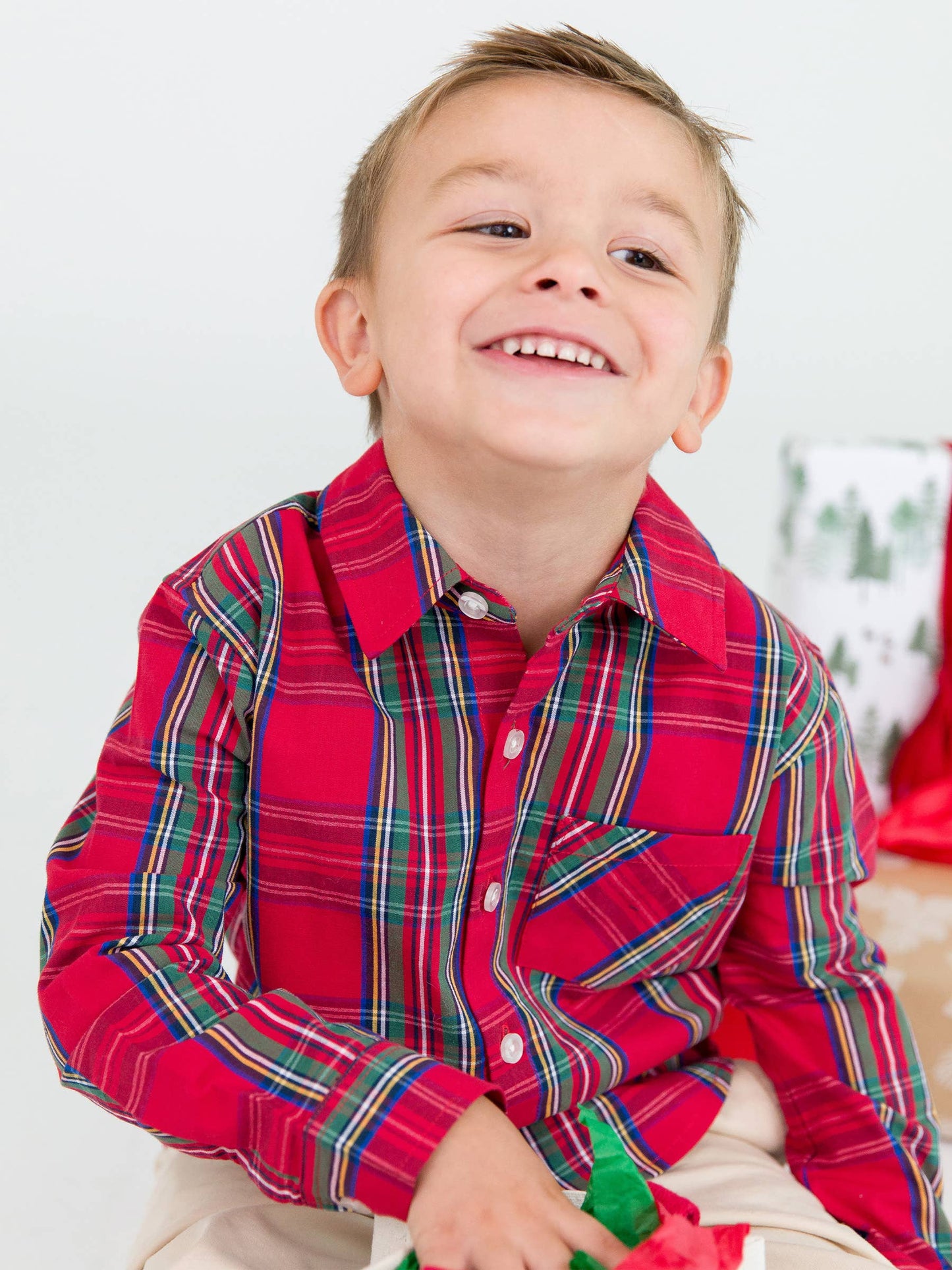 Boys Tis The Season Plaid Long Sleeve Button Down