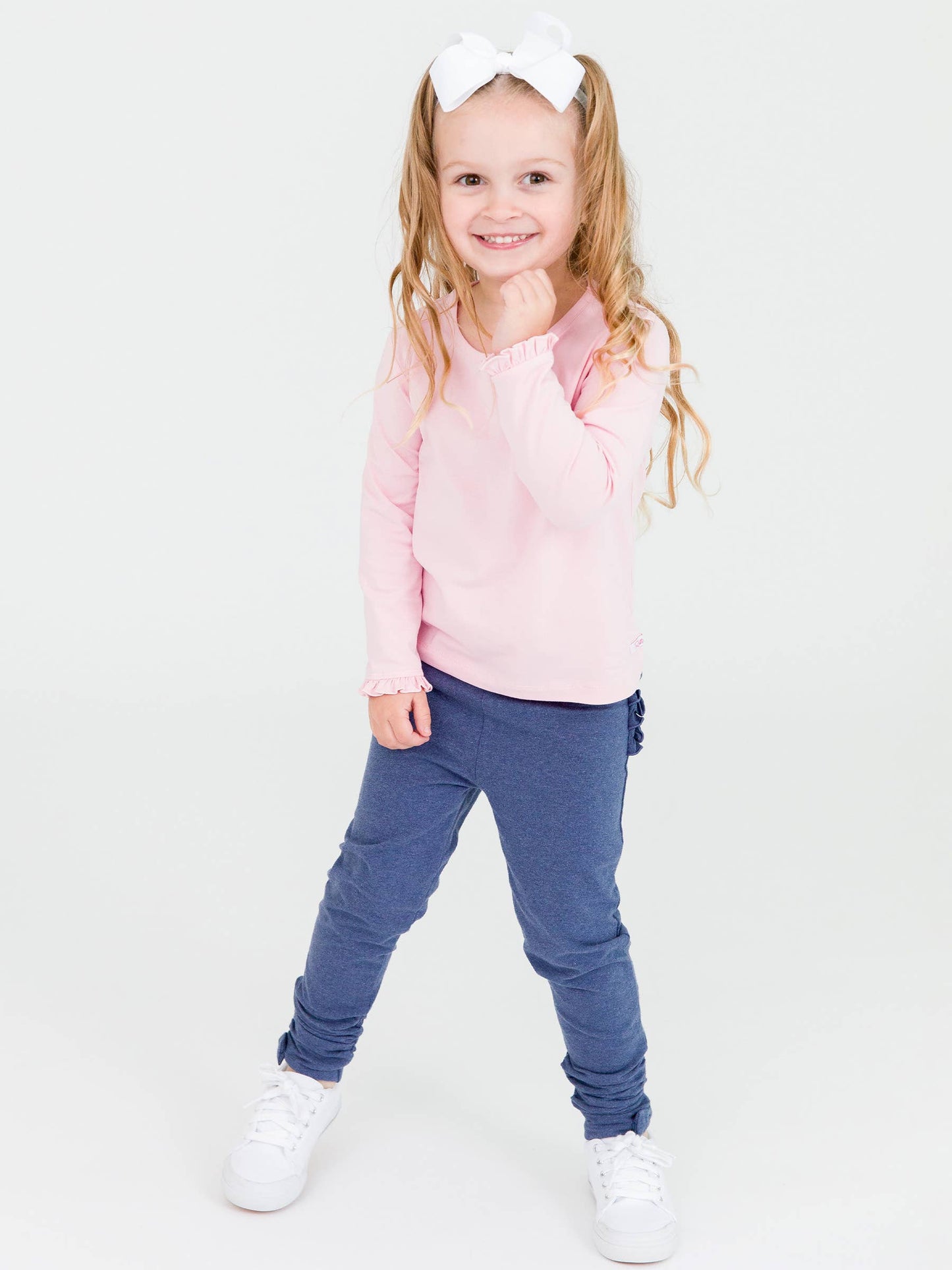 Girls Faux Denim Ruched Bow Leggings