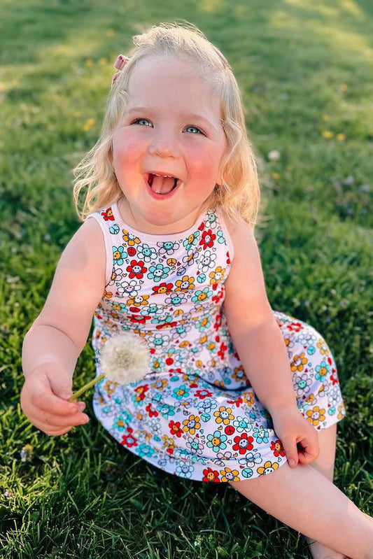 Stretchy Sleeveless Twirl Dress - Smiley Flowers