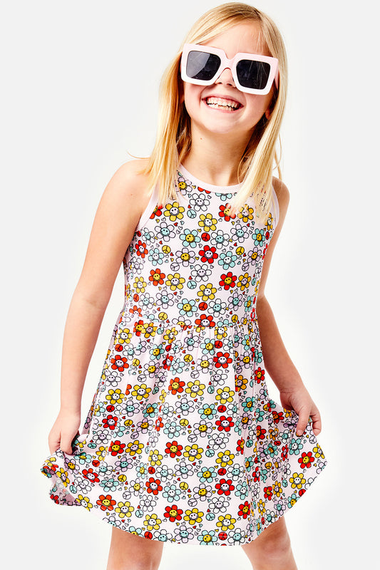 Stretchy Sleeveless Twirl Dress - Smiley Flowers