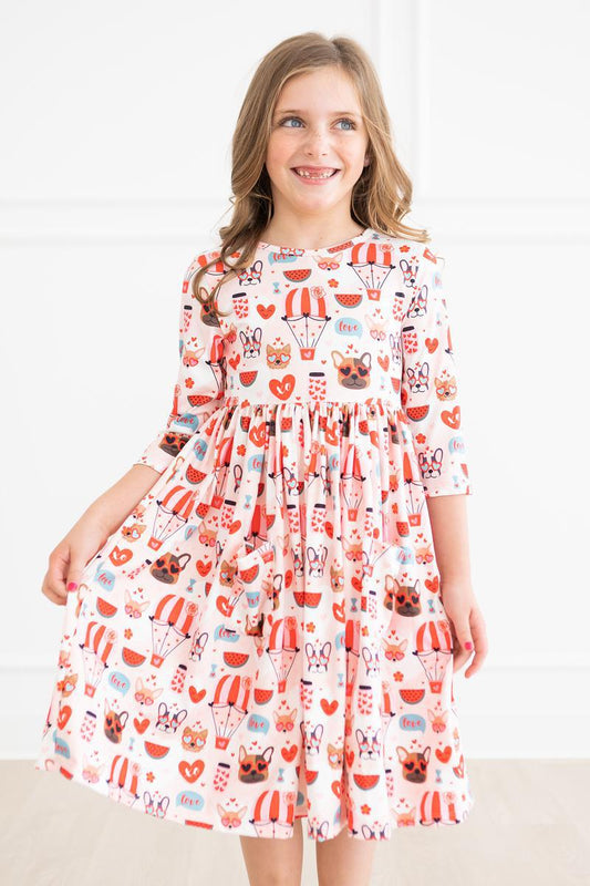 Puppy Love 3/4 Sleeve Pocket Twirl Dress