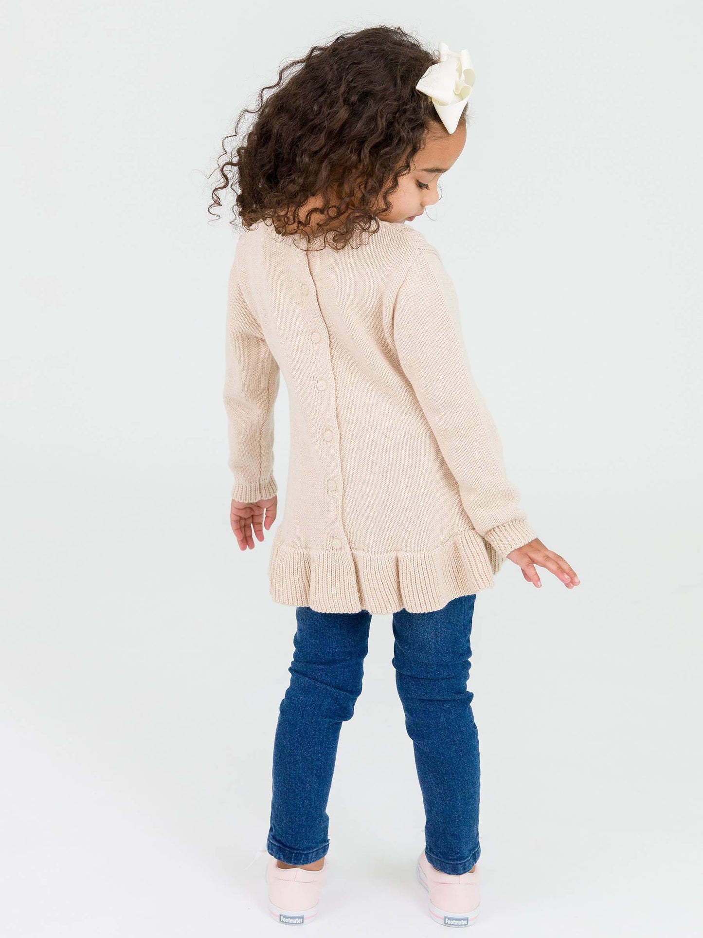 Girls Heather Oatmeal Ruffle Hem Cable Knit Sweater