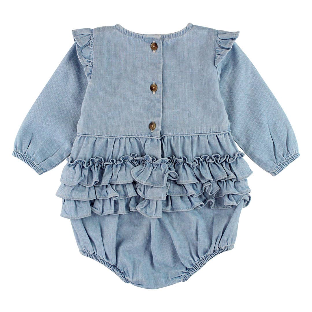 Light Wash Denim Long Sleeve Flutter Bubble Romper