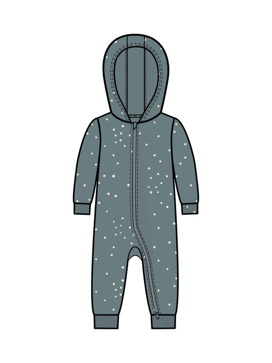 Greer Fleece Hooded Zip Romper / Teal Dot