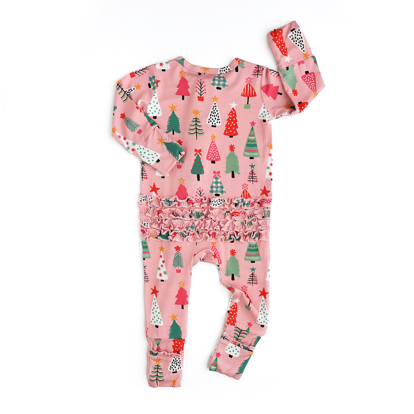 Noelle Pink Trees Christmas Ruffle Zip Romper