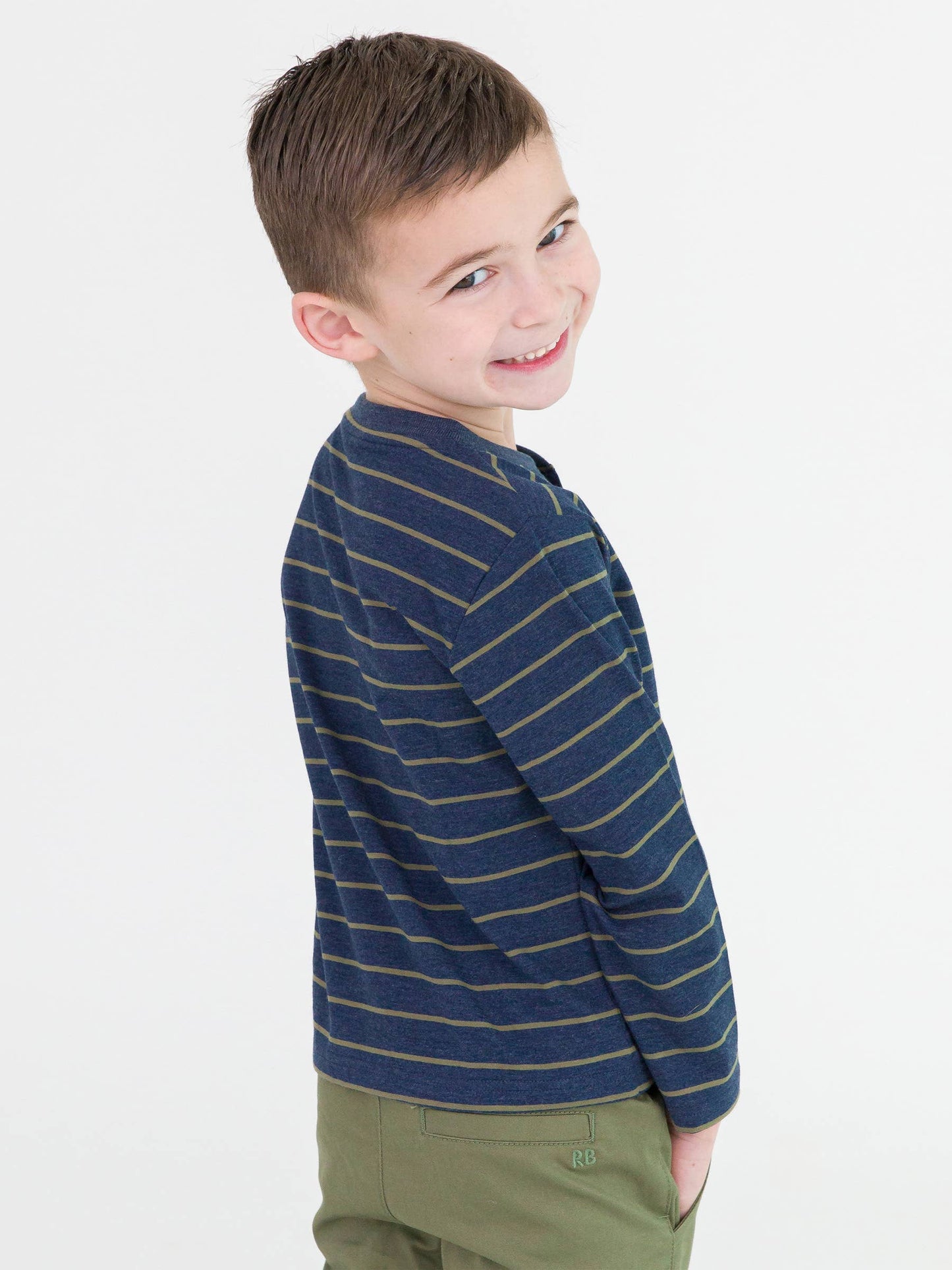 Boys Dusty Olive Stripe Knit Henley Tee