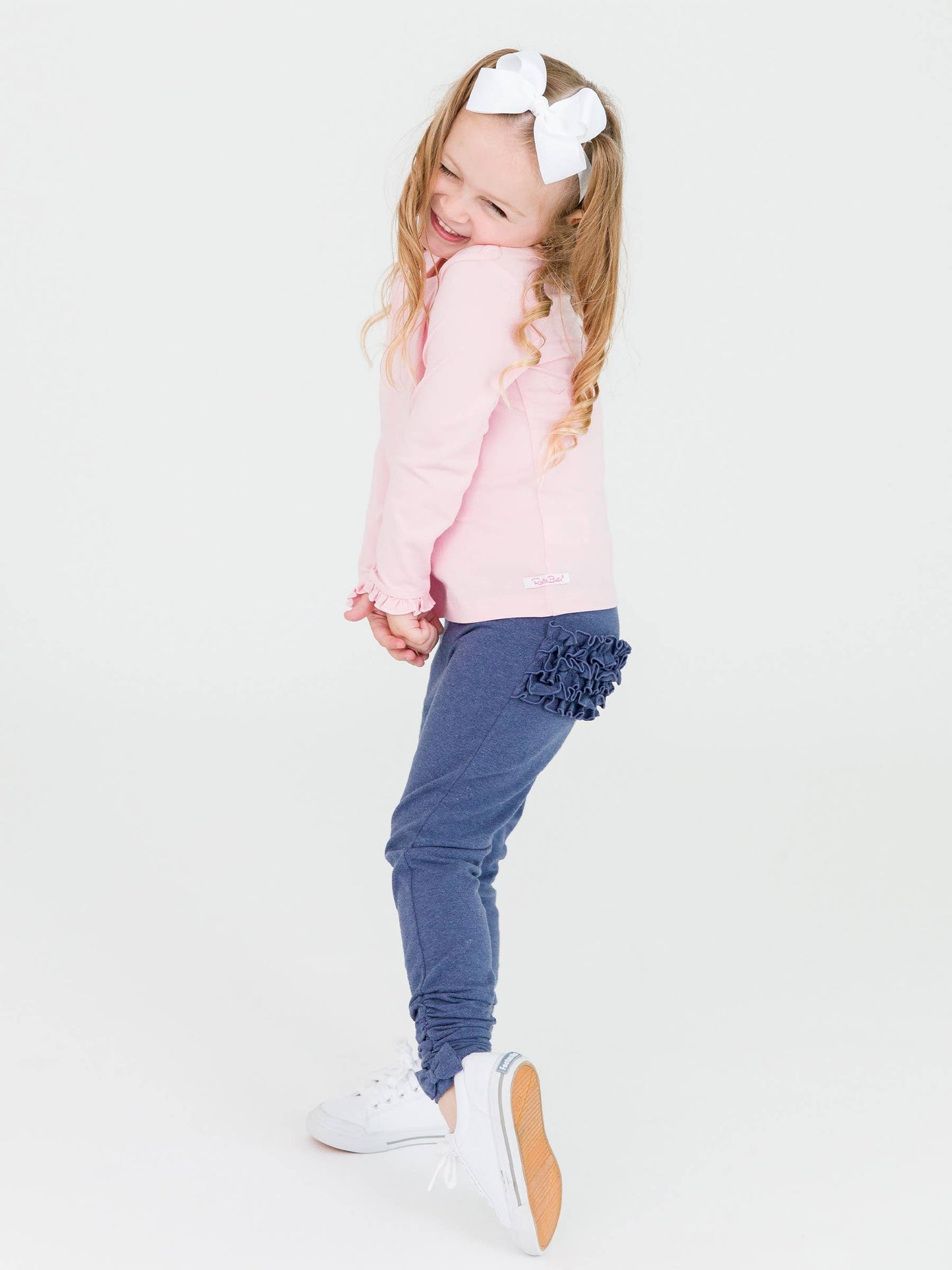 Girls Faux Denim Ruched Bow Leggings