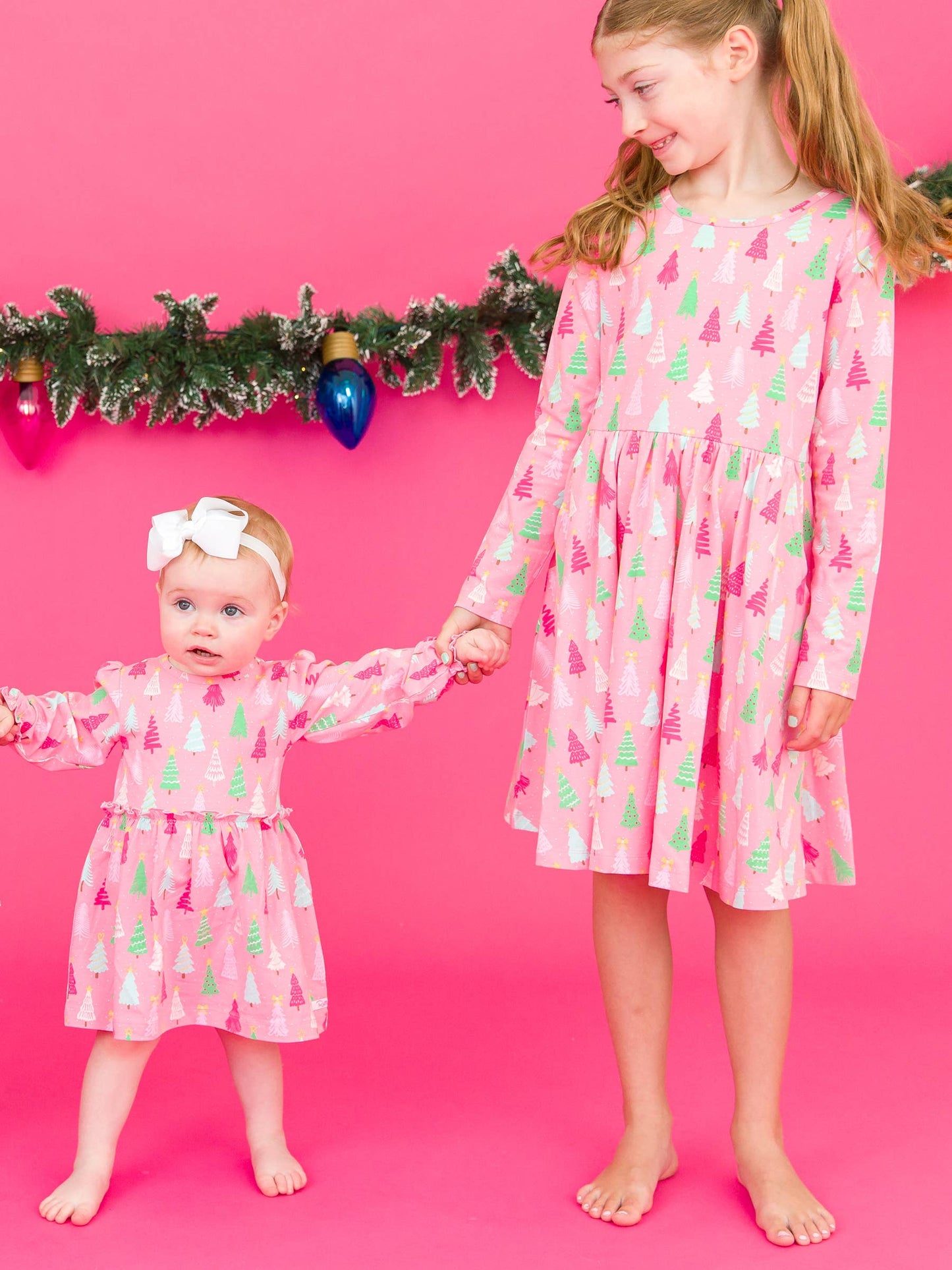 Girls Merry Pink Pines Long Sleeve Twirl Dress