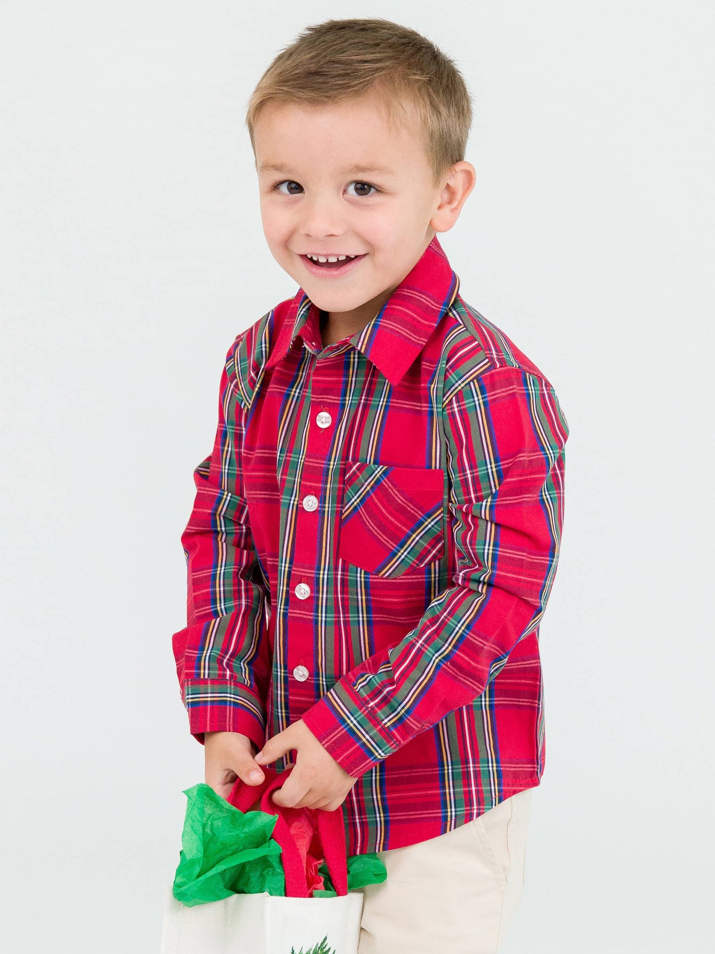 Boys Tis The Season Plaid Long Sleeve Button Down