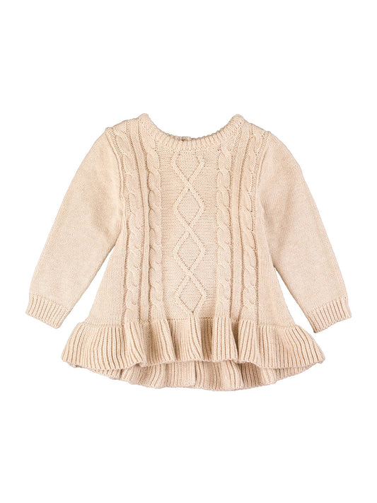 Girls Heather Oatmeal Ruffle Hem Cable Knit Sweater