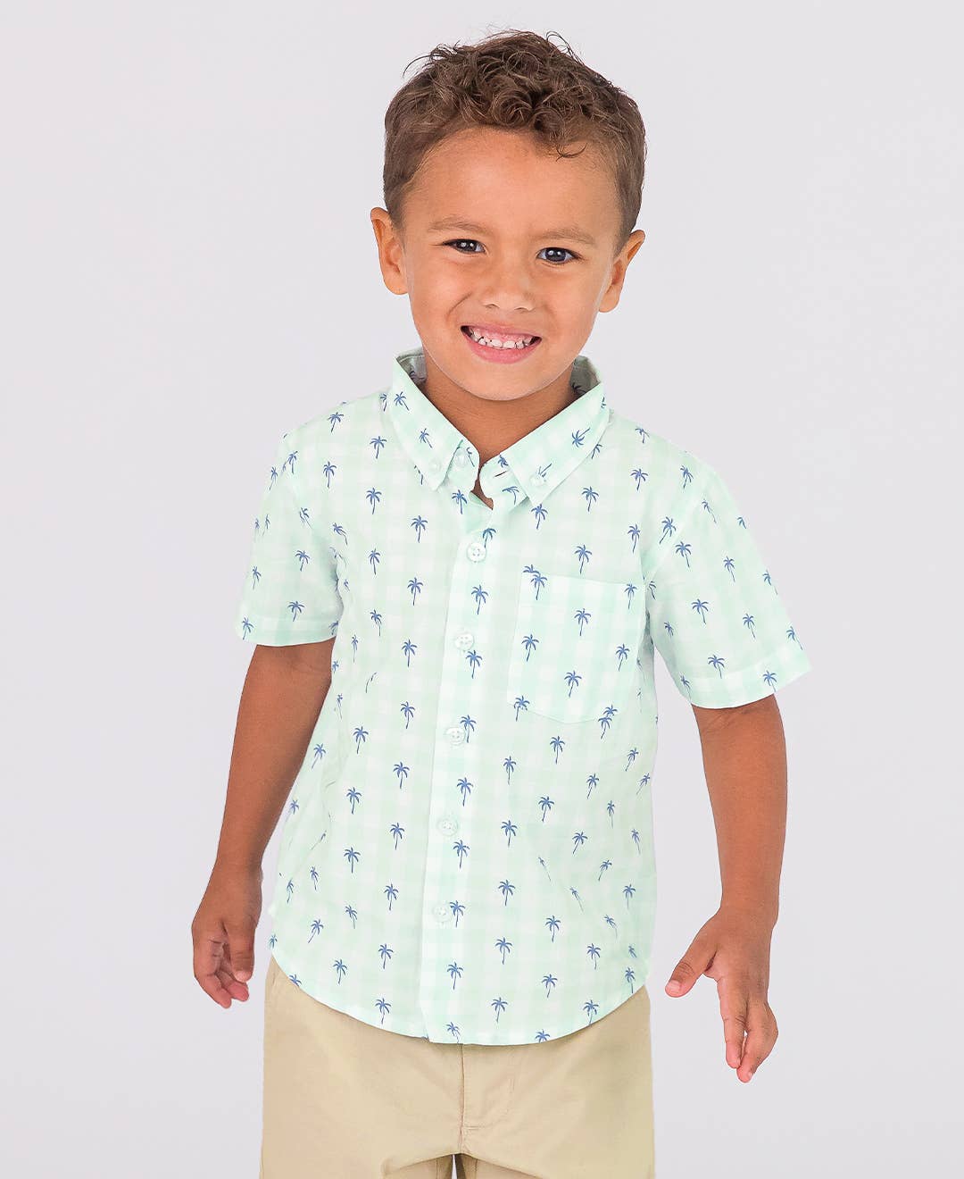 Palm Tree Gingham Short Sleeve Button Down Shirt