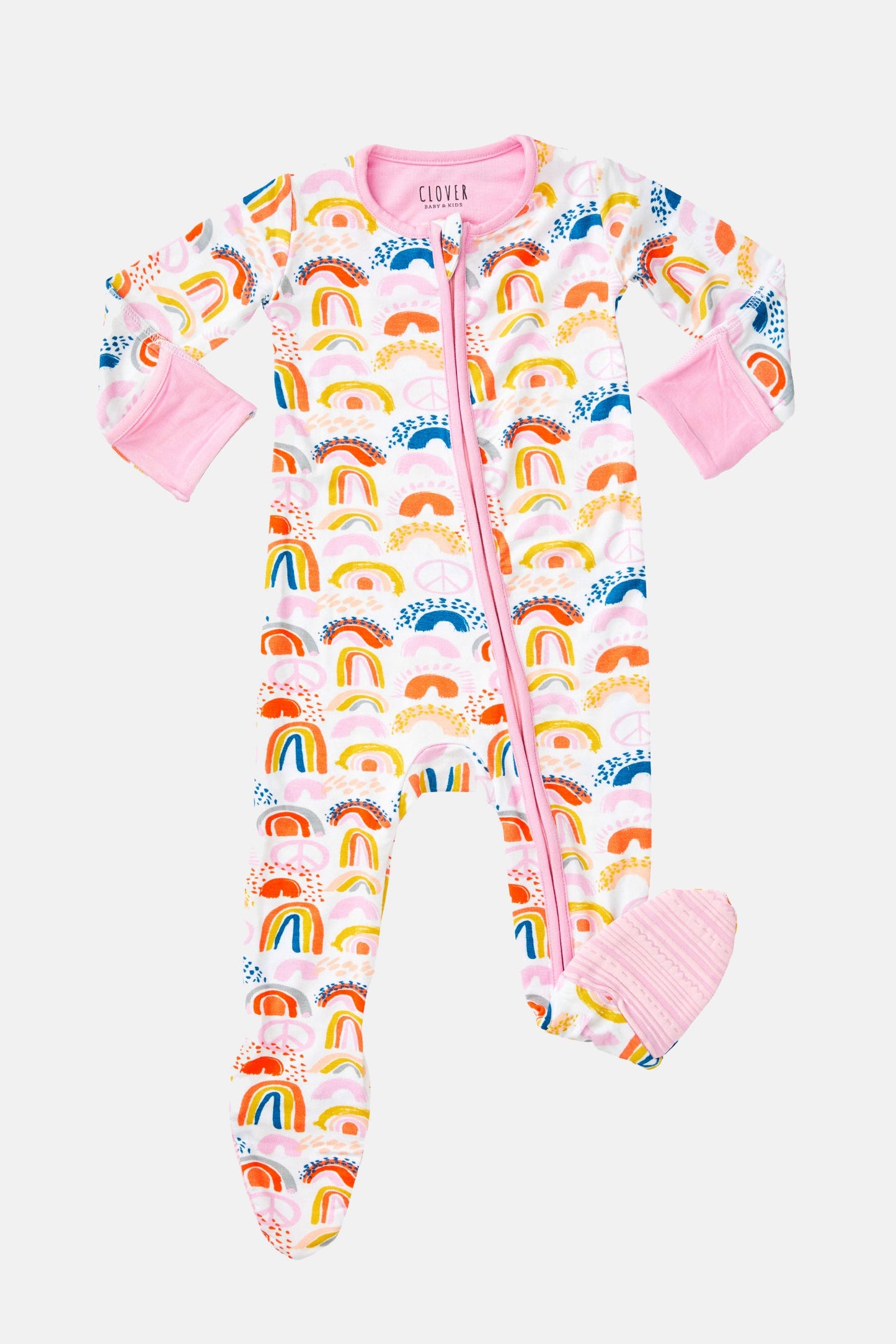 Soft & Stretchy Zipper Footie - Rainbows Pink