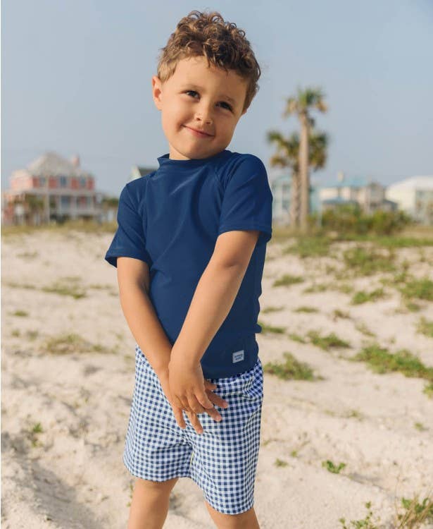 Navy Gingham Swim Trunks